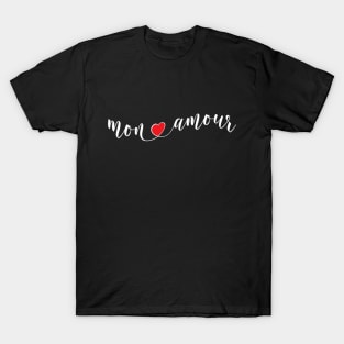 Mon Amour French White Typography With Red Heart T-Shirt